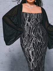 Plus Panel Sleeve Sequin Midi Dress