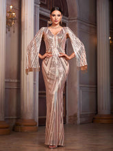 Champagne Sequin Maxi Evening Dress with Cape Sleeves and Beaded Tassel Trim