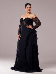 Plus Off Shoulder Corset Lace Panel Prom Dress