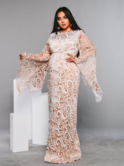 Plus Crew Neck Bell Sleeve Gold Dress