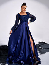 A-line Long Sleeve Blue Evening Dress