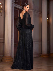Black Solid Sequin Slit Long Sleeve Elegant Prom Dress