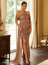 Off Shoulder Sequin High Split Prom Dress