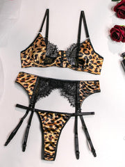 Stitched Leopard Print Sexy Lingerie 3 Piece Set