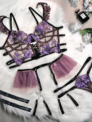 See Through Flower Lingerie 4 Piece Set