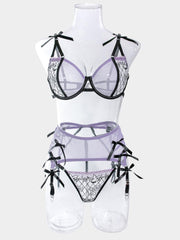 Embroidered Bow Lingerie Three-piece Set