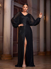 Black Solid Sequin Slit Long Sleeve Elegant Prom Dress