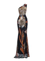 One Shoulder Floral Sequin Prom Dress