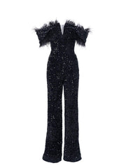 Off Shoulder Feather Jumpsuits