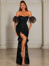 Off Shoulder Black Sequin Prom Dress