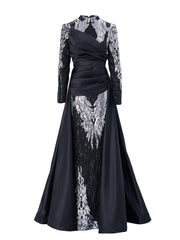 Stand Collar Fold Satin Sequin Dress
