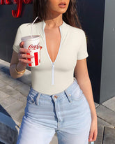 One-piece Short-sleeved Front-zip Briefs Jumpsuit