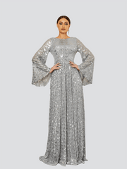 Bell Sleeve Backless Sequin Evening Dress