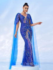 Mesh Sleeve Backless Sequin Mermaid Prom Dress