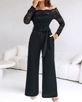 Lace-Paneled Off-the-Shoulder Long-Sleeved Bodycon Jumpsuit