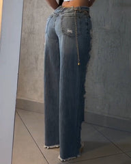 High-Waisted Ripped Straight Leg Jeans