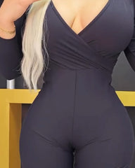 V-Neck Long-Sleeved Slim-Fit Wide-Leg Jumpsuit