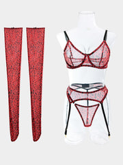 Mesh Leopard Print See-Through Sexy Lingerie 4 Piece Set