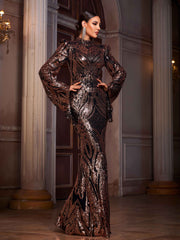 Elegant Turtleneck Padded Shoulder Trumpet Sleeve Sequin Evening Dress