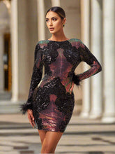 Feather Sleeve Contrast Black Sequin Mini Dress