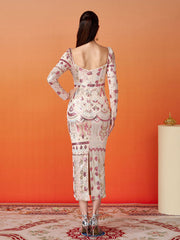 Square Neck Long Sleeve Split Sequin Dress