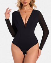 V-Neck Mesh Long-Sleeved Shapewear Thong Bodysuit