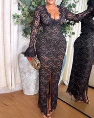 Long-Sleeved Lace V-Neck Bodycon Dress