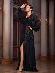 Black Solid Sequin Slit Long Sleeve Elegant Prom Dress