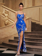 Blue Floral Sequin Split Cocktail Dress