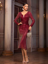 Elegant Deep V-Neck Long Sleeve Ruched Burgundy Sequin Bodycon Midi Dress