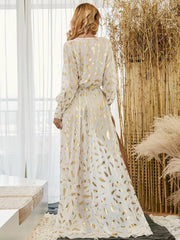 Surplice Neck Belted Split Thigh Gold Maxi Dress