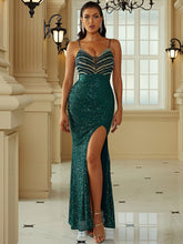 Slit Thigh Backless Green Sequin Formal Dress