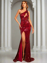 One Shoulder Cutout Sequin Geometric Evening Dress