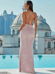 V Neck Open Back Sequin Maxi Formal Dress
