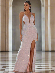 V Neck Open Back Sequin Maxi Formal Dress