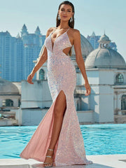 V Neck Open Back Sequin Maxi Formal Dress