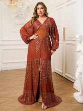 Plus V-neck Backless Long Sleeve Sequin Prom Dress