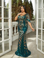 Plus V-neck Mermaid Sequin Green Dress