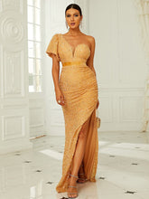 One Shoulder Mesh Panel Split Thigh Sequin Formal Dress