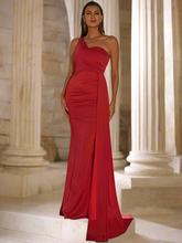 One Shoulder Draped Side Mermaid Hem Maxi Red Formal Dress