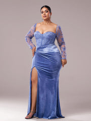 Plus Blue Corset Embroidered Split Prom Dress