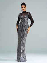 Stand Collar Sequin Panel Long Sleeve Prom Dress