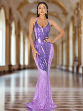 Formal Lace Up Purple Sequin Mermaid Dress