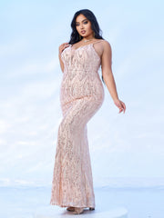 Plus Size Rose Gold Spaghetti Prom Dress