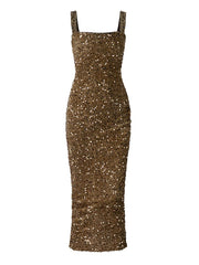 Square Neck Split Back Sequin Brown Prom Dress