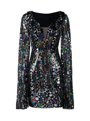 V-Neck Flared Sleeve Multicolor Sequin Mini Dress