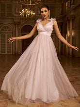 Elegant Pink Tulle Bow Shoulder Plunging V-Neck A-Line Evening Gown