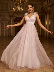 Elegant Pink Tulle Bow Shoulder Plunging V-Neck A-Line Evening Gown