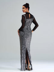 Stand Collar Sequin Panel Long Sleeve Prom Dress
