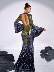 Backless Bell Sleeve Sequin Formal Dress